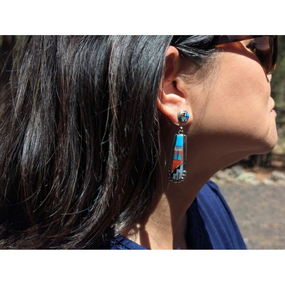 Zuni Multi Stone Inlay Turquoise Drop Earrings Native American Sterling Jewelry*